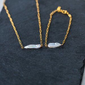 Pearl Necklace & Bracelet Set Bundle Waterproof Jewelry Baroque Pearl Necklace